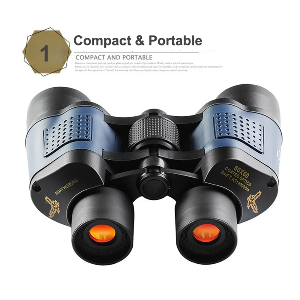 Professional 60x60 BAK4 Optical Binoculars Telescope Long Distance Portable Powerful HD Binocular for Hunting Traveling Outdoor