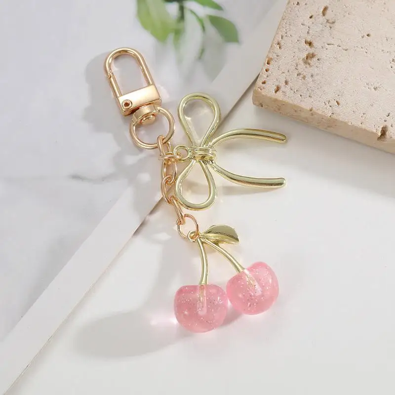 1Pcs Cute Cherry Keychain With Pearl And Heart Charm Resin Fruit Pendant Bag Accessory For Women Girls