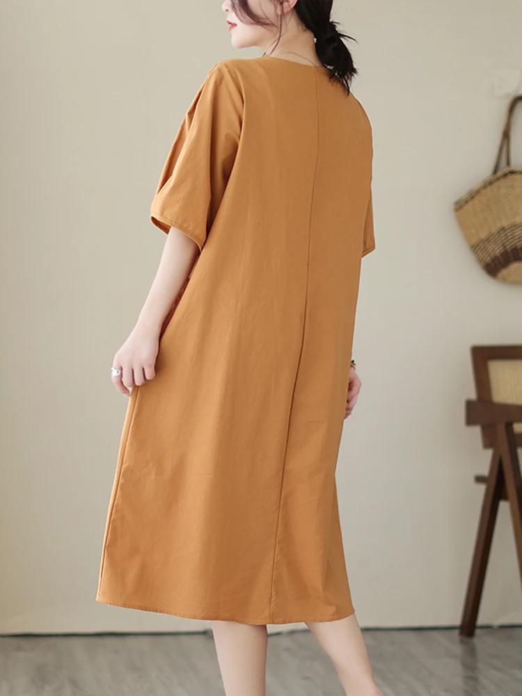 NYFS 2023 Summer New Simple Woman Dress Vestidos Robe Ete Femme Elbise Loose O-Neck Cotton Linen Short Sleeve Long Dresses