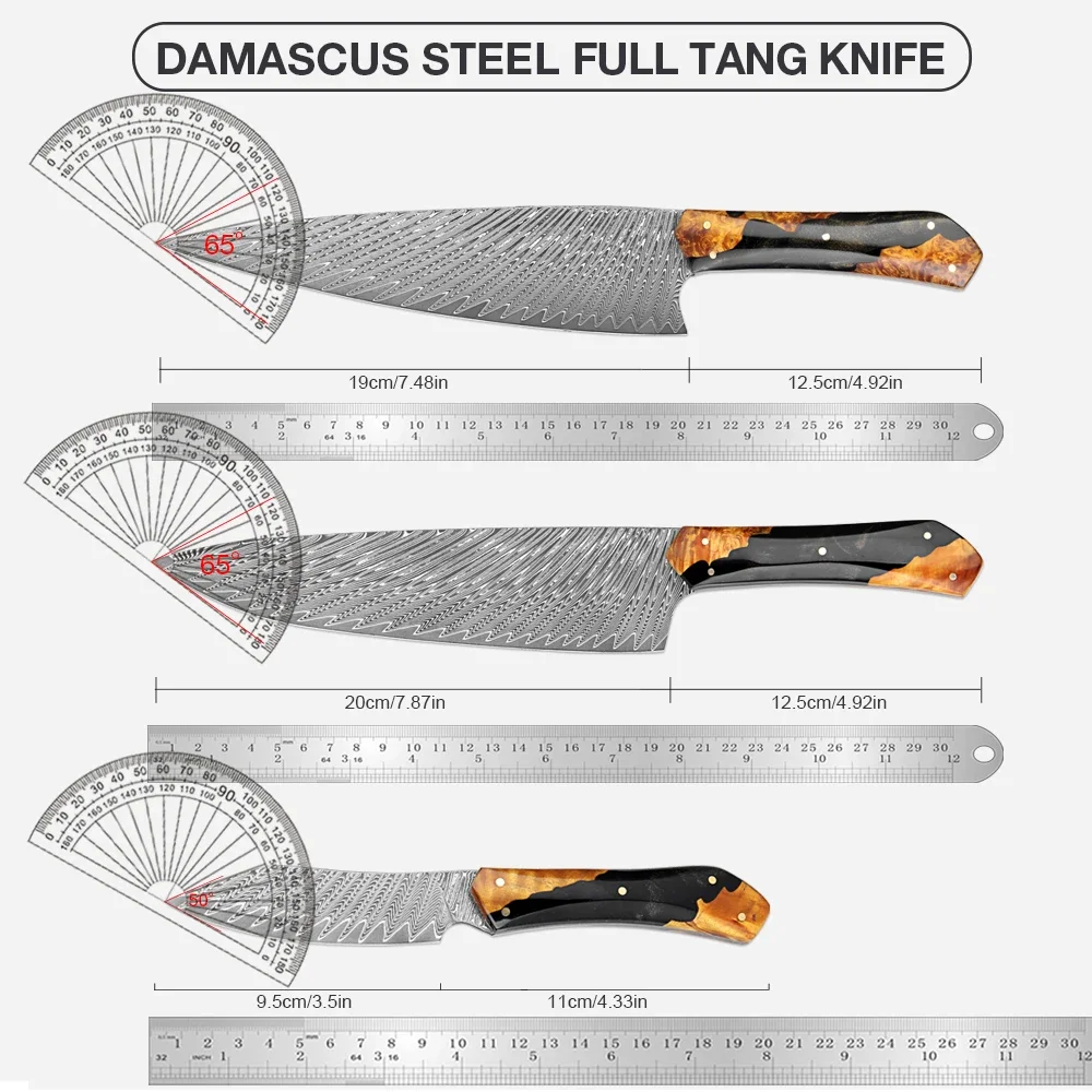 Damascus Steel Kitchen Knife Set 1-3PC Full Tang Knife Blade Sharp Chef Knife Slicing Knife Fruit Knife Black Resin Wood Handle