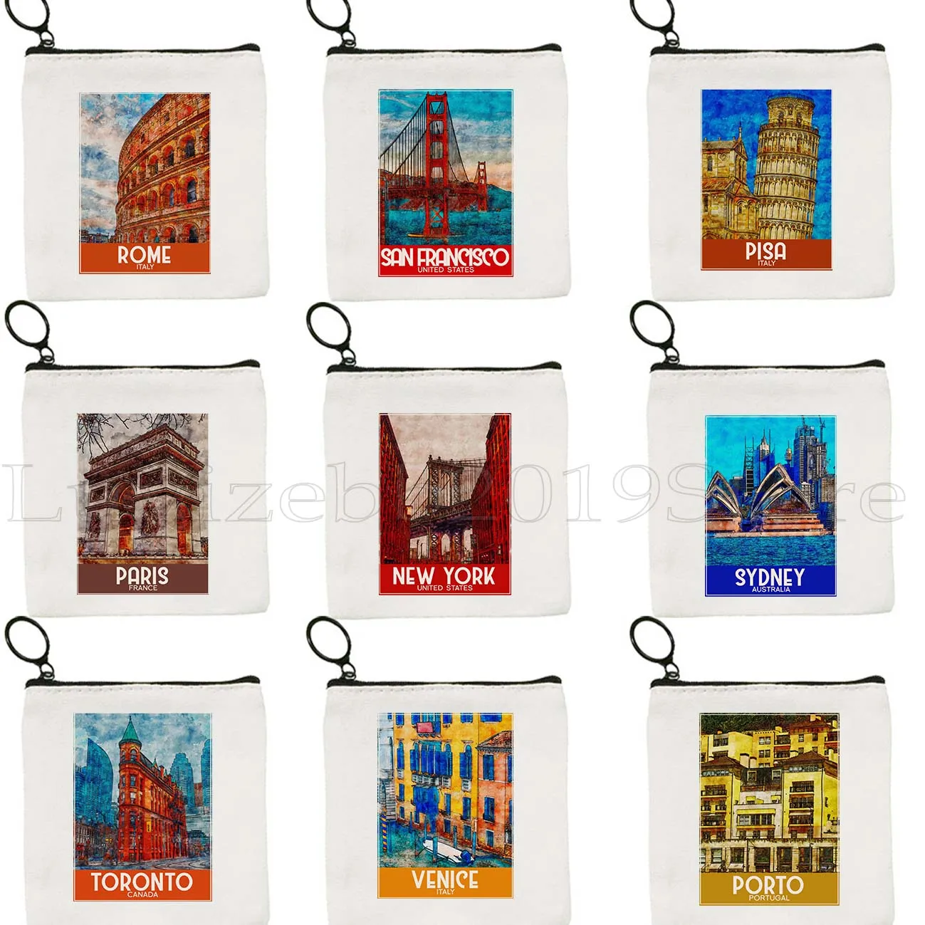 

New York London Rome Sydney Lisbon Toronto Milan Paris Venice Munich Orlando Hand Drawn Painting Coin Purse Key Case Bag Pouch
