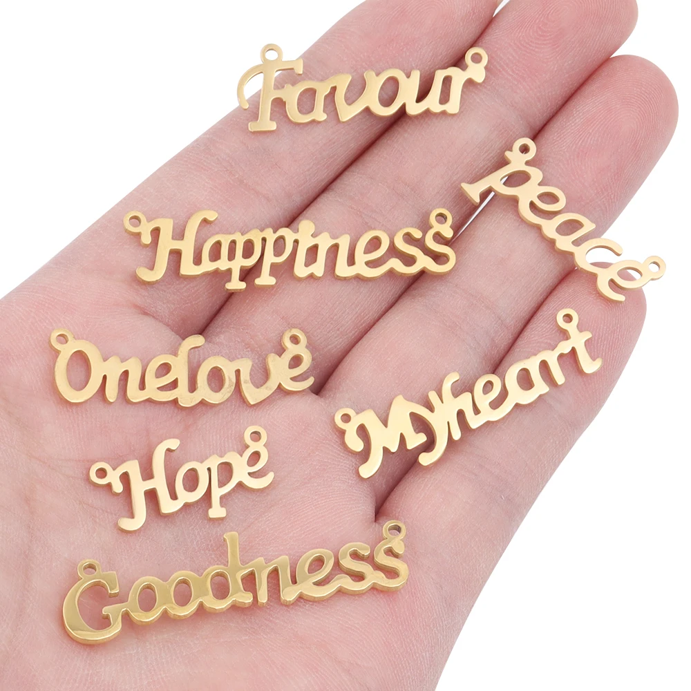 5pcs/Lot Stainless Steel Word Tags Pendant Gold Color Engraved Charms for Jewelry Making DIY Necklace Crafts Supplies