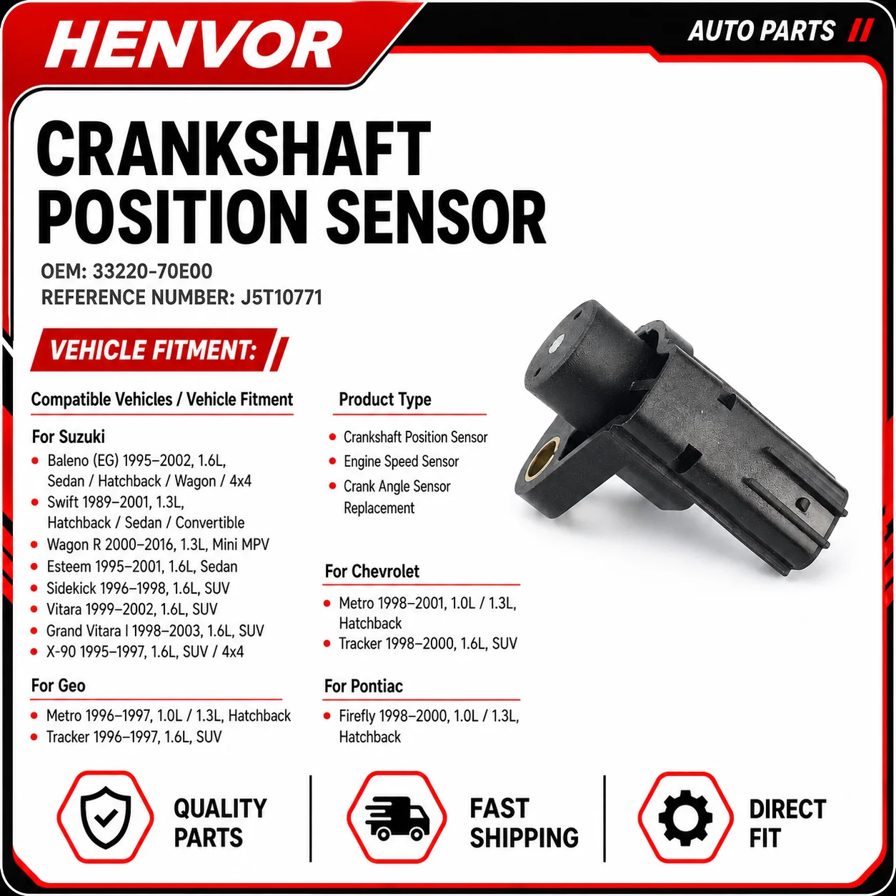 Crankshaft Position Sensor J5T10771 33220-70E00 for Suzuki Swift Baleno WagonR Vitara Geo Metro Chevrolet Metro