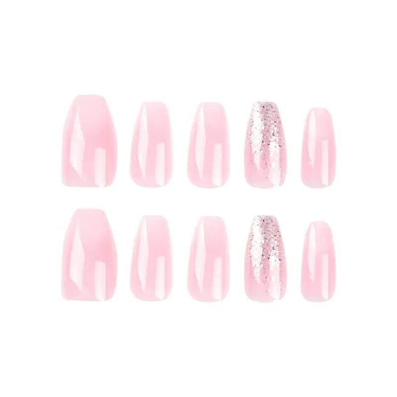 24 Pcs Pink White Gradient Press on Nails Set Glitter Cheap Ballet Fake Nails with Glue Reusable False Nails for Girls Wholesale