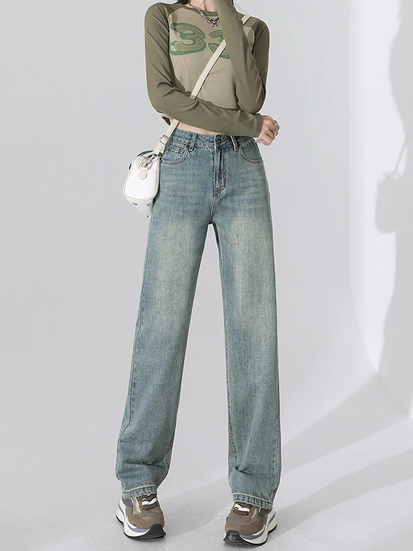

Retro Blue Denim High Waist Wide Leg Straight Cut Floor-Length Pants Women's Spring 2026 Loose Slimming Jeans