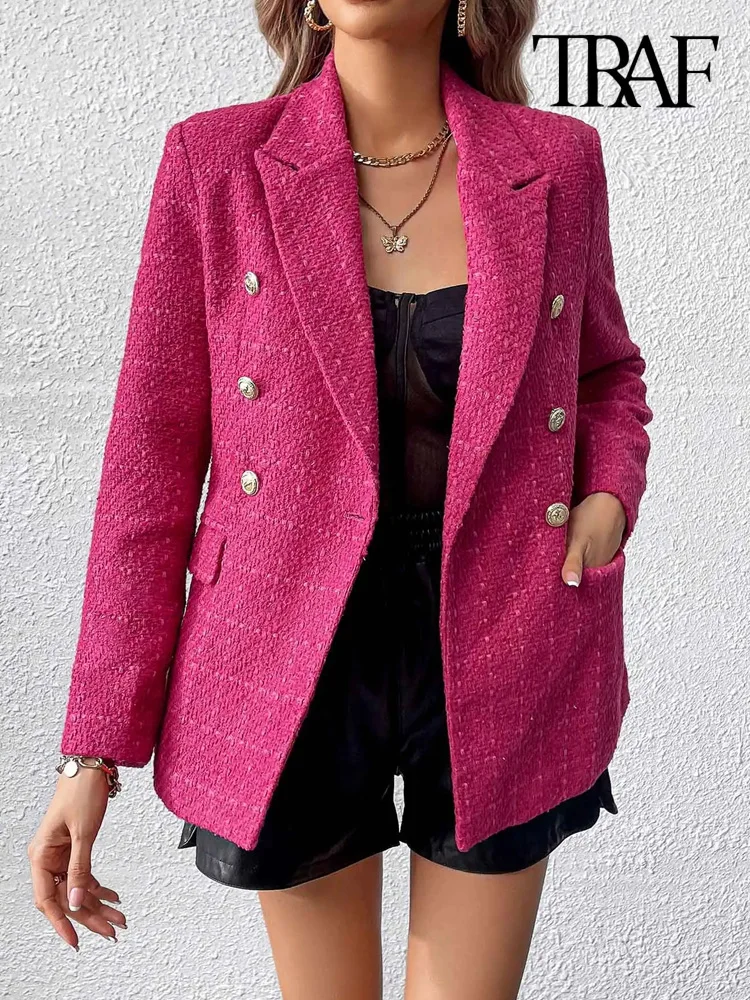 TRAF Women Fashion Double Breasted Tweed Blazer Coat Vintage Long Sleeve Flap Pockets Female Outerwear Chic Tops