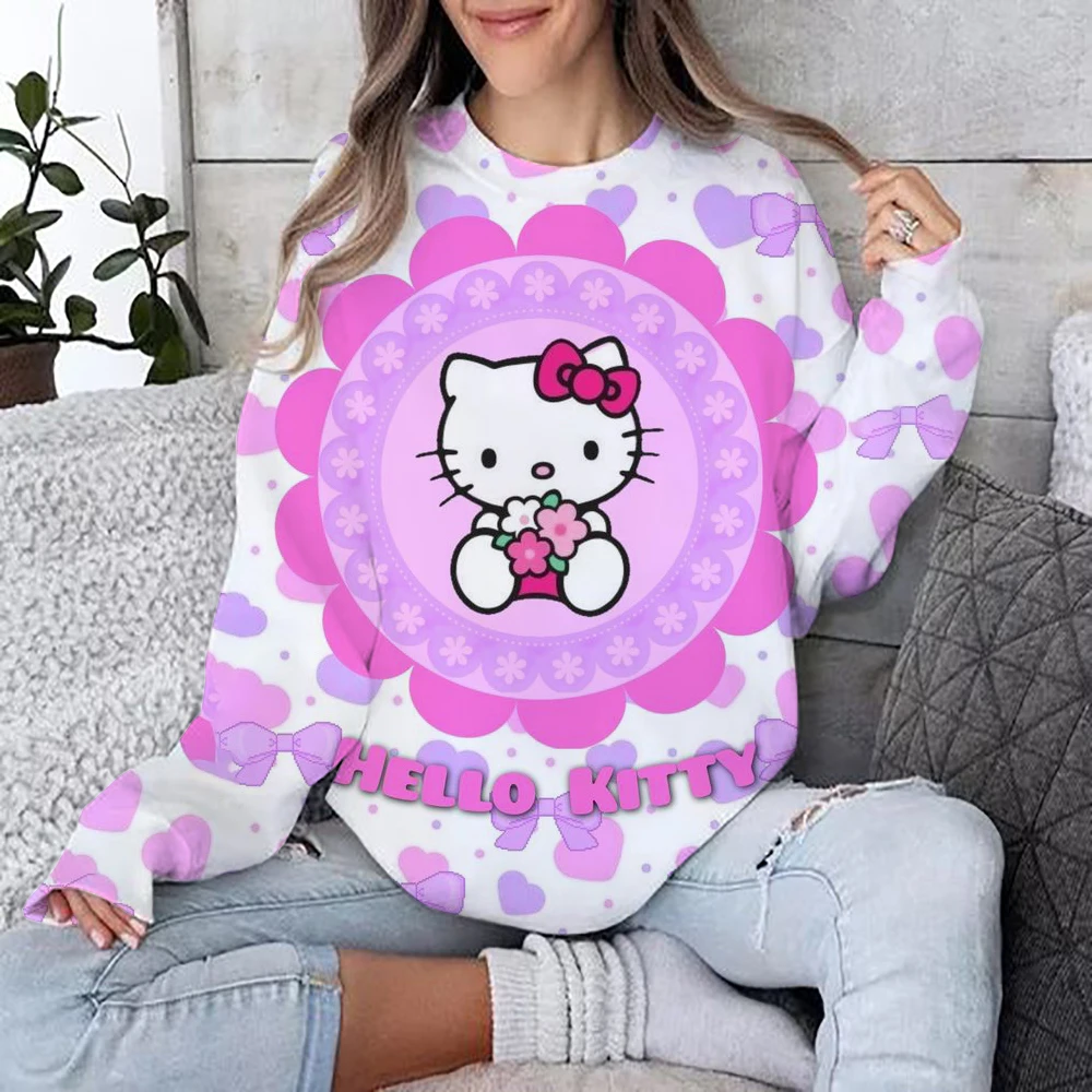 Street casual women\'s sportswear Hello Kitty Kuromi cartoon print hoodie, loose and soft pullover sweater, round neck woolen swe