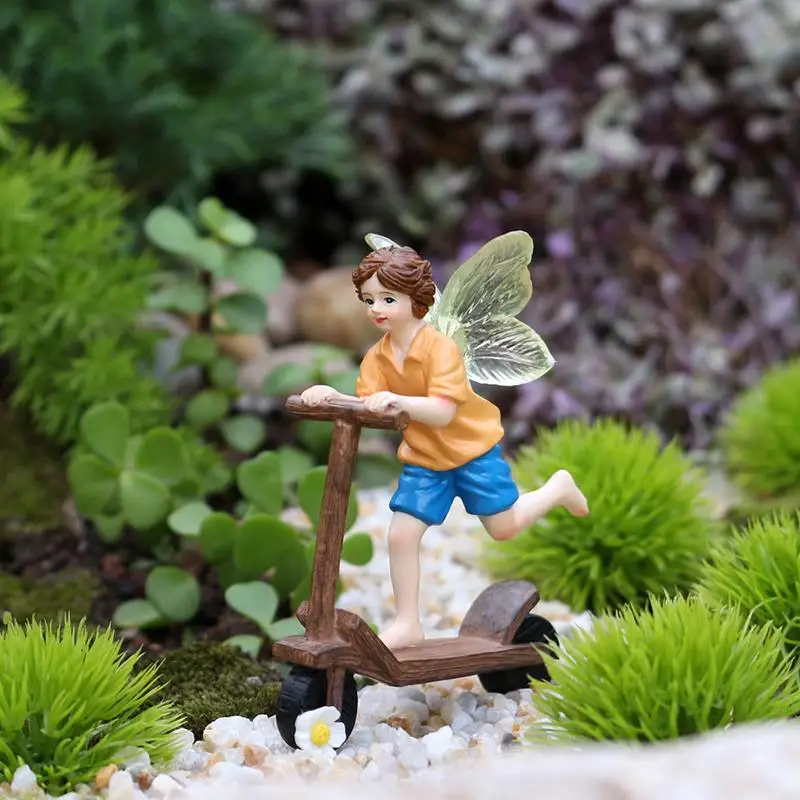 Cute Garden Scooter Flower Fairy Statue, Fun Outdoor Flower Fairy Boy Statue Decoration, Flowerpot Decoration