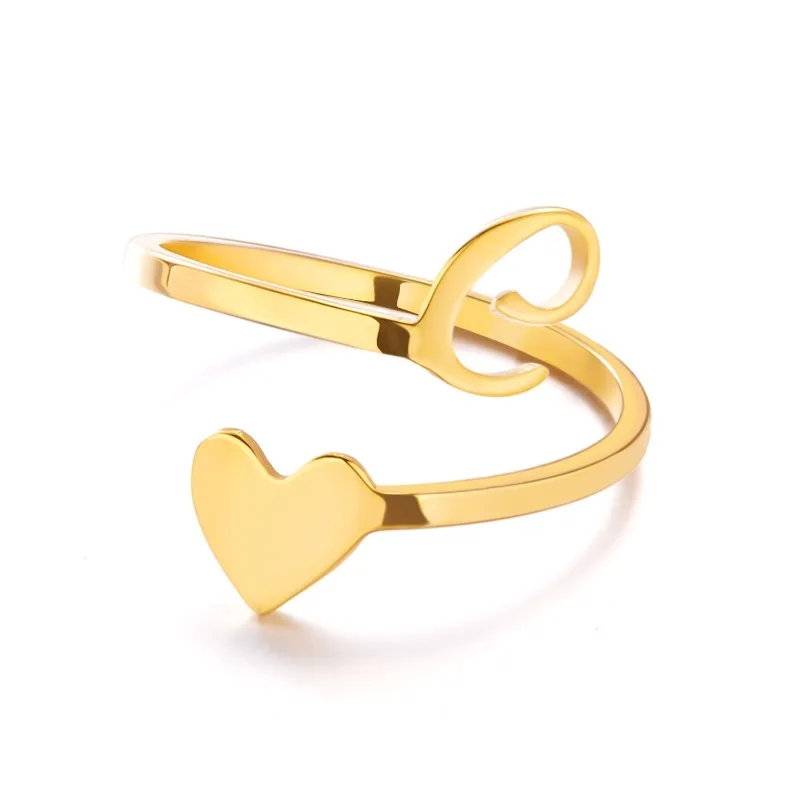 

KR Fashion Simple Letter Stainless Steel Open Rings Three-dimensional Heart Tail Ring Adjustable Jewelry for Women 2024 Spring