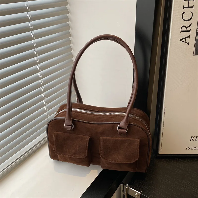 Autumn Vintage Suede Square Shoulder Bags for Women Casual Versatile Ladies Handbags Tote Large Capacity Female Underarm Bag