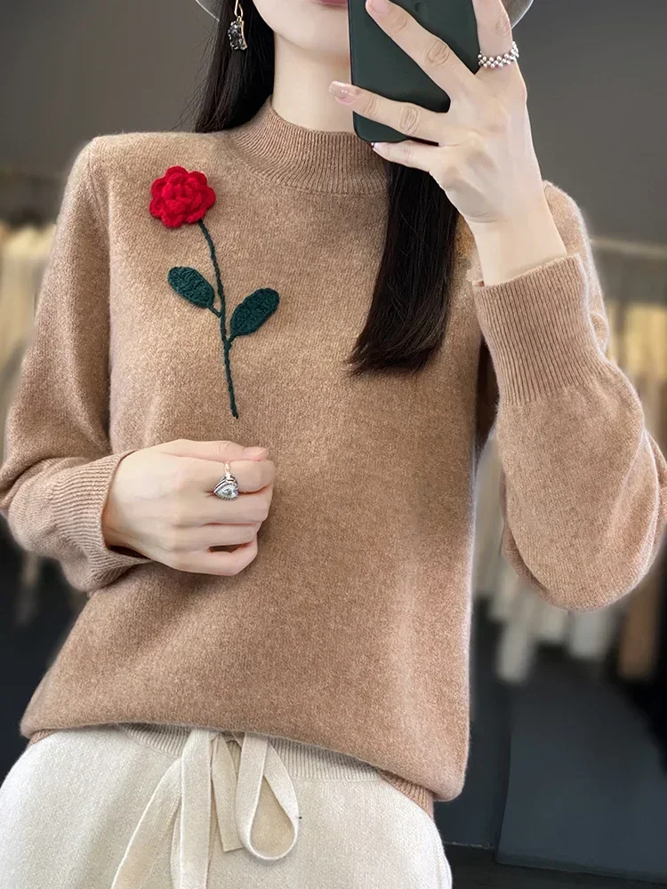 Hand Embroidered Cashmere Sweater Women's High Neck Knit Top Rose Crochet Soft Loose Wool Pullover Winter Keep Warm Sweater 2024