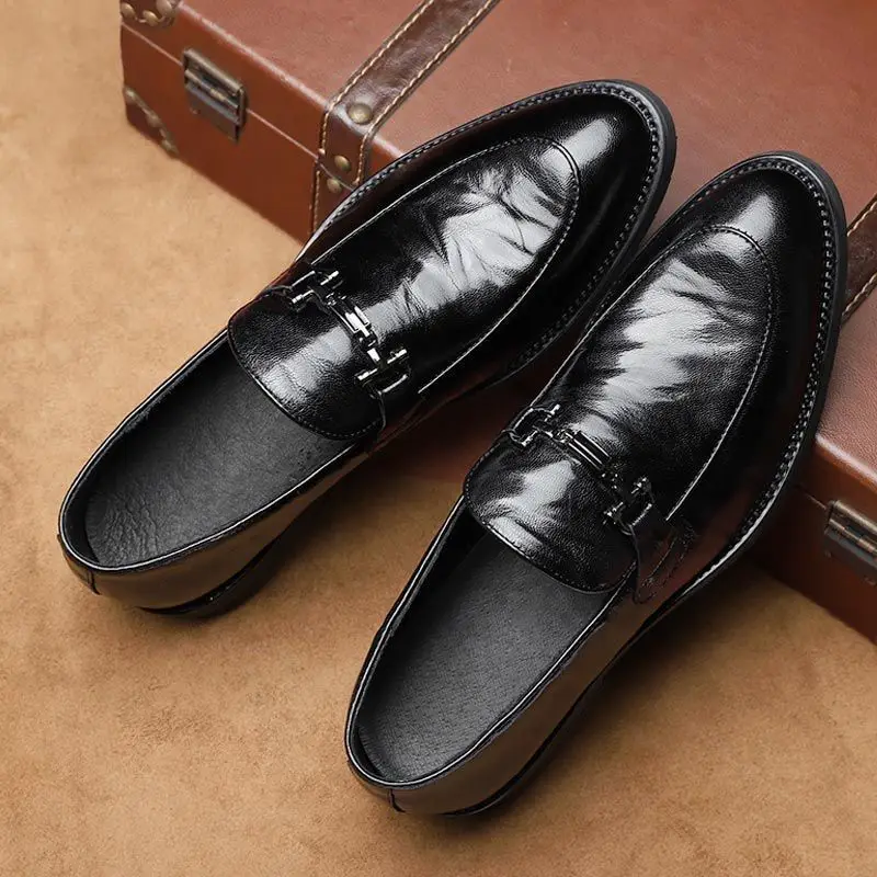 New Men British Style Soft Leather Pointed Toe Dress Shoes Height Increasing Business Wedding Footwear