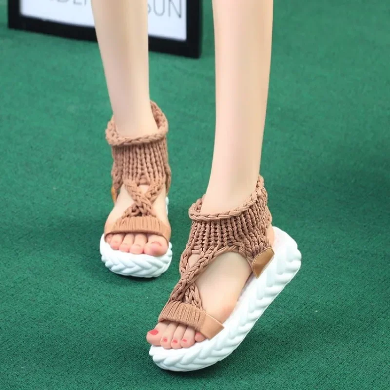 Sandals Women Summer 2024 Women Fashion Sexy Beach Wear Flat Shoes Solid Color Braided Knit  Cutout Platform Sandals