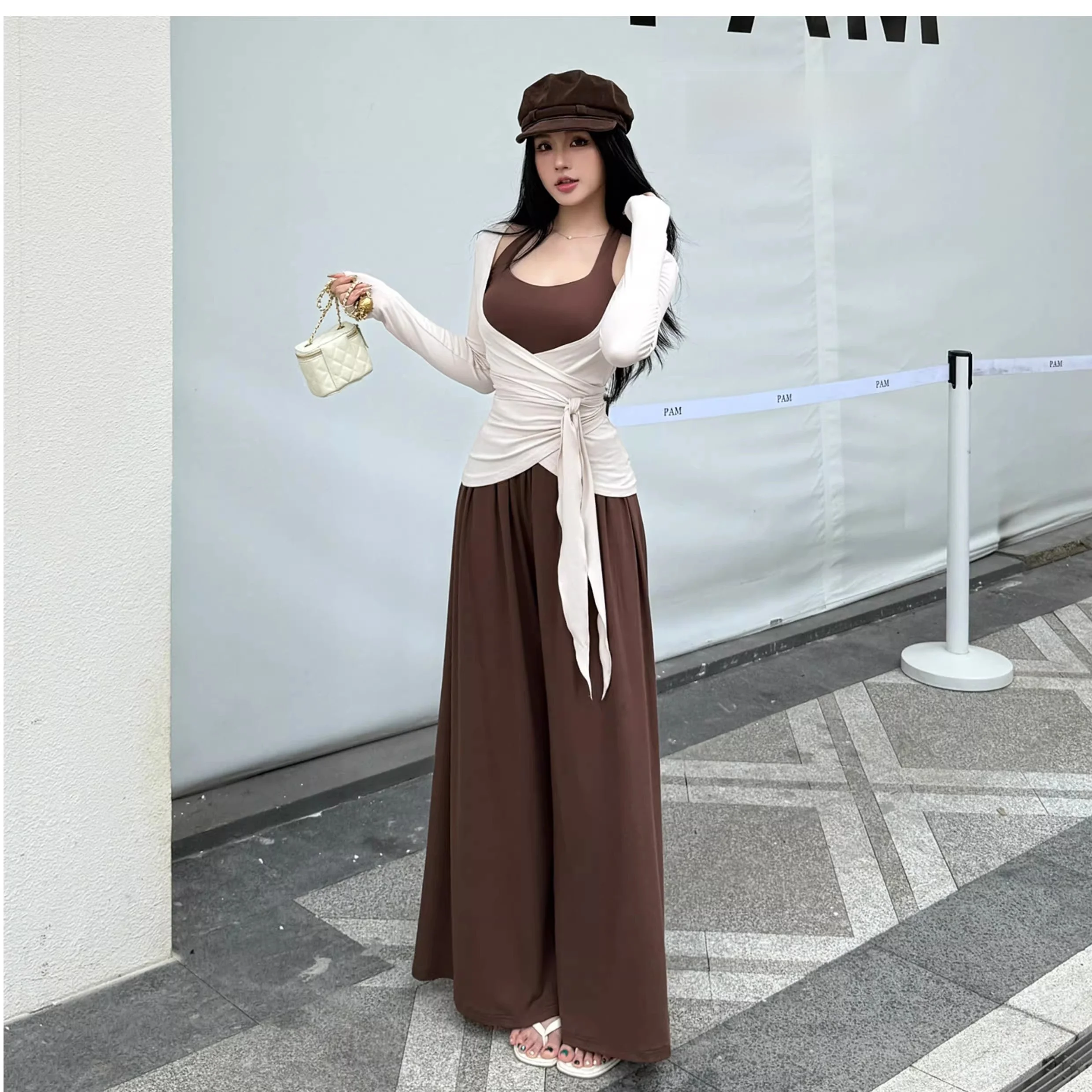 

Spicy Girl Slim Fit Halter Top Knot Cardigan Loose Casual Long Pants Three Piece Set Women Spring Fashion Casual Sportswear