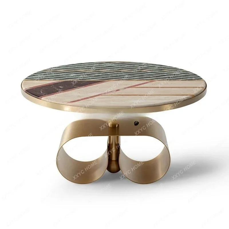 JJItalian Light Luxury Stainless Steel Marble Coffee Table Combination Villa Home Use, Color Matching Pattern Short Round Tea