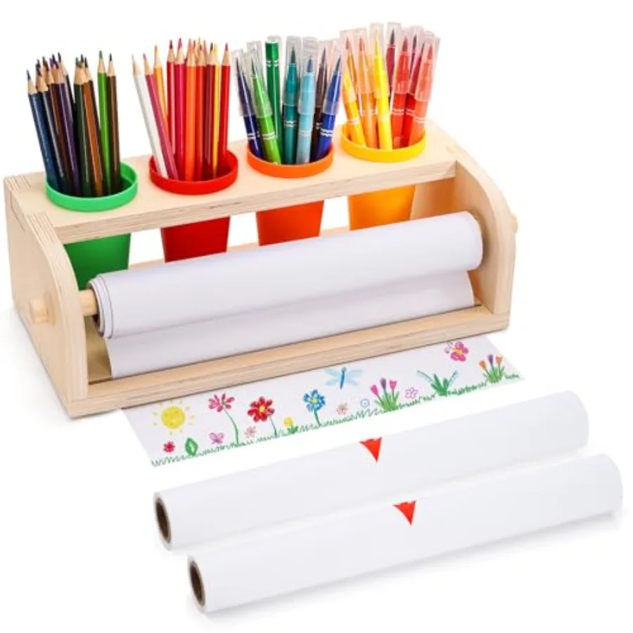 

Wood Tabletop Paper Roll Dispenser with Pencil Cups for Drawing Writing Doodle and Craft Projects 11.4'' x 32.8ft White Bond Pa