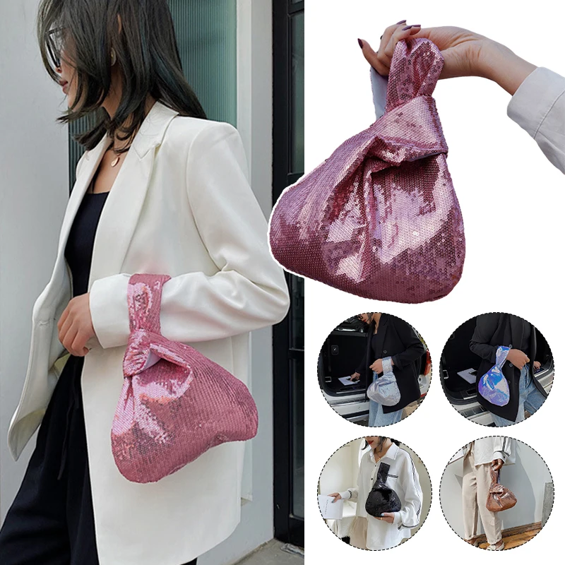 Portable Women\'s Knot Wrist Bag Japanese Hefeng Reversible Sequin Glitter Shopping Handbag Mobile Phone Key Storage Tote Bags