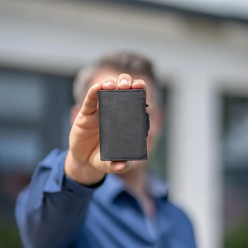 Pop-Up RFID Slim Kartenhalter Geldbörse für Herren Minimalistische Leder-Kreditkartenbörse mit Bargeldfach Münzfach EDC Reisebörse – Detail 1