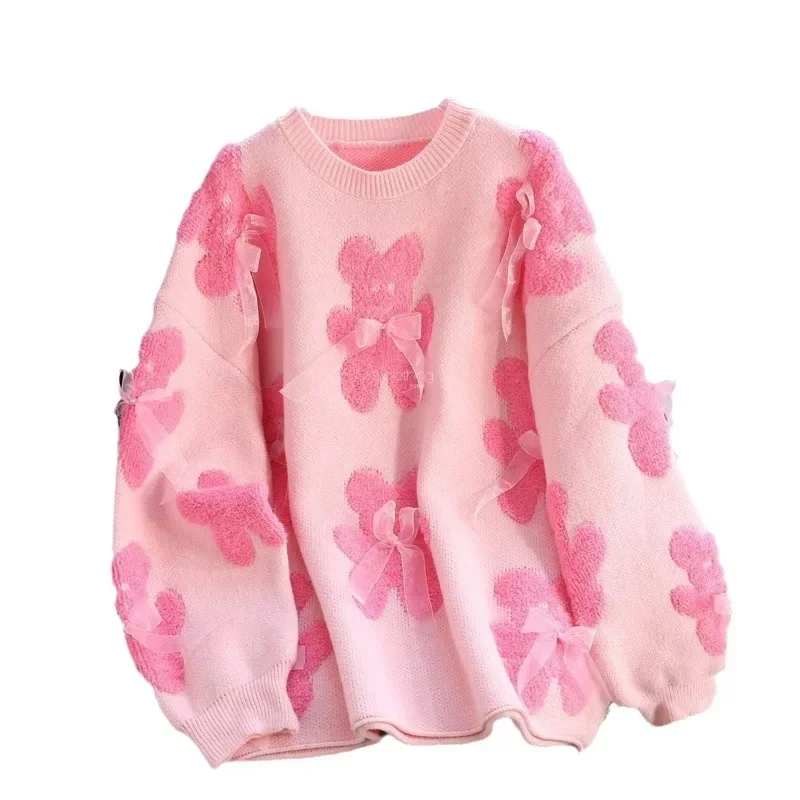 Gaganight mujeres oso de peluche tridimensional Nudo de mariposa suéter 2025 Otoño Invierno mujer suelta dulce Top de punto