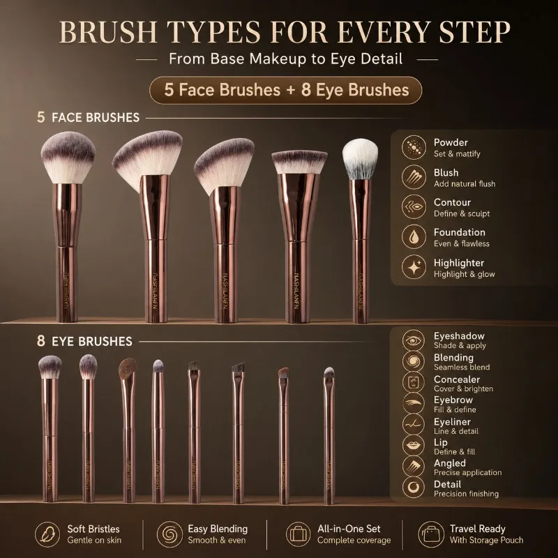 13PCS Face Eye Makeup Brush Set Soft Dense Bristles Rose Gold Aluminum Handle Beauty Tools for Blending Contour Gift Kit Daily
