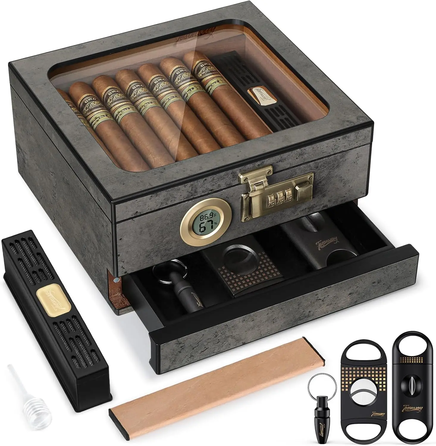 

Cedar Wood Cigar Humidor with Digital Thermo-Hygrometer, Glass Top, Lock, and Accessories Drawer - Ideal Gift for Men