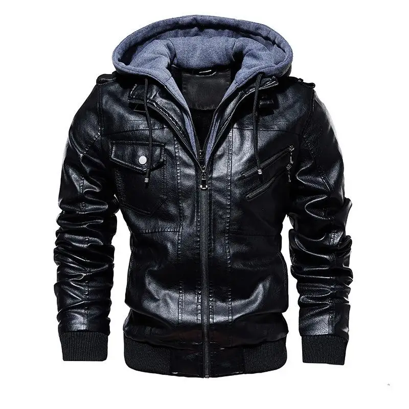 

Men's Leather Hooded Jaet Casual PU Material Resistant to Deformation with Ribbed Bot Hem Five Sve Length