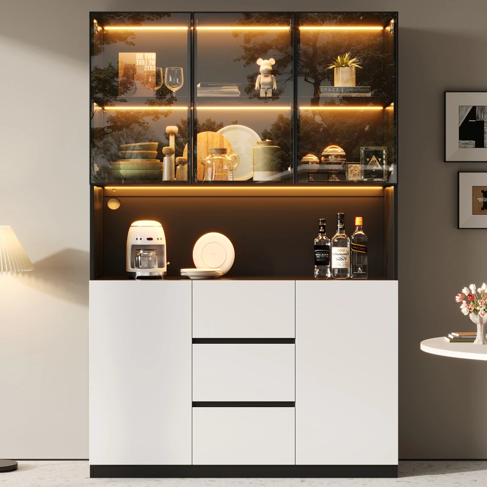 Vetrina alta in vetro temperato 120x40x200 cm, mobile contenitore con 3 cassetti, 2 ante, ripiani aperti, foro per cavi, libreria multifunzionale, credenza per soggiorno e sala da pranzo