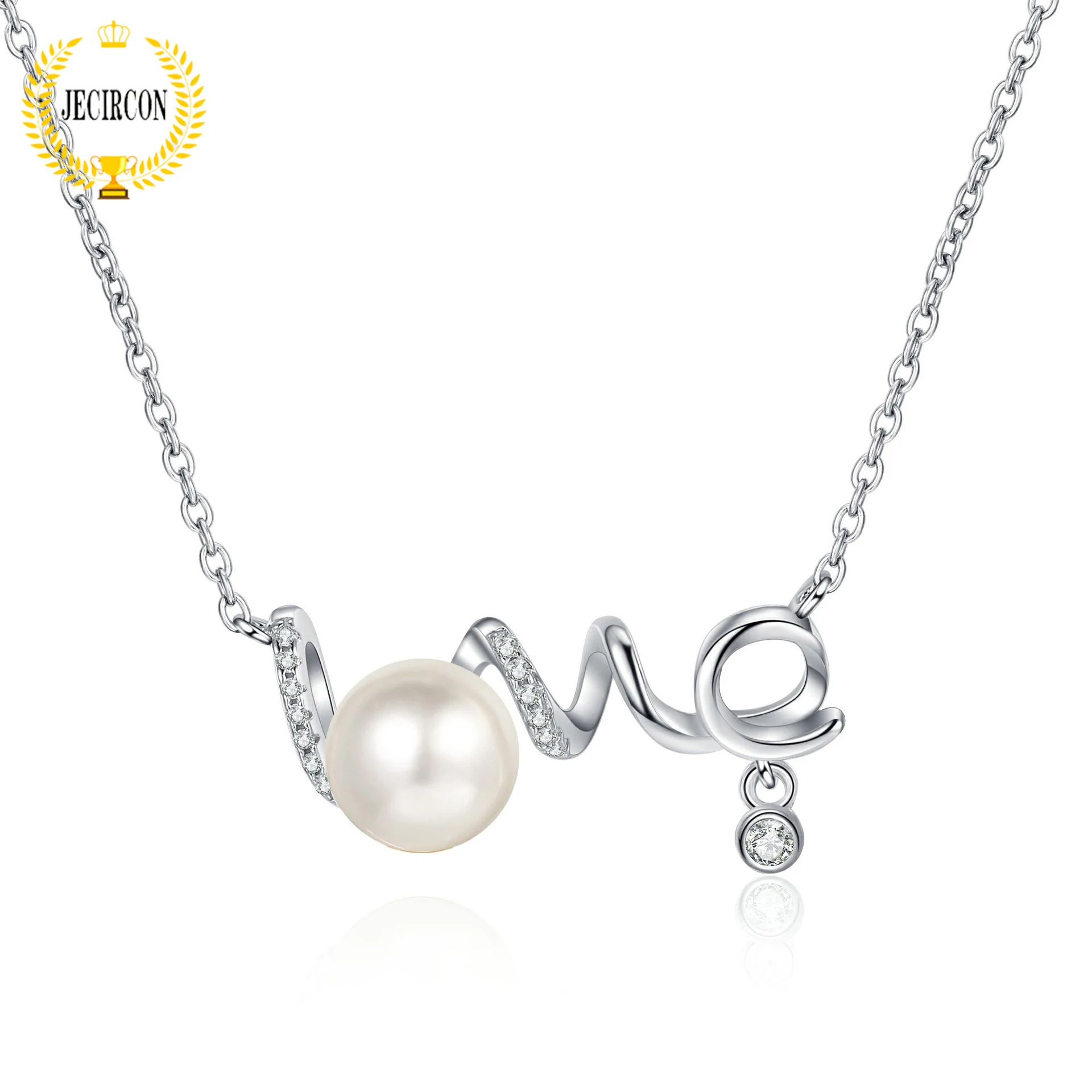 

JECIRCON 925 Sterling Silver Moissanite 8MM Pearl Necklace for Women LOVE Simple Pendant Versatile Korean Version Clavicle Chain