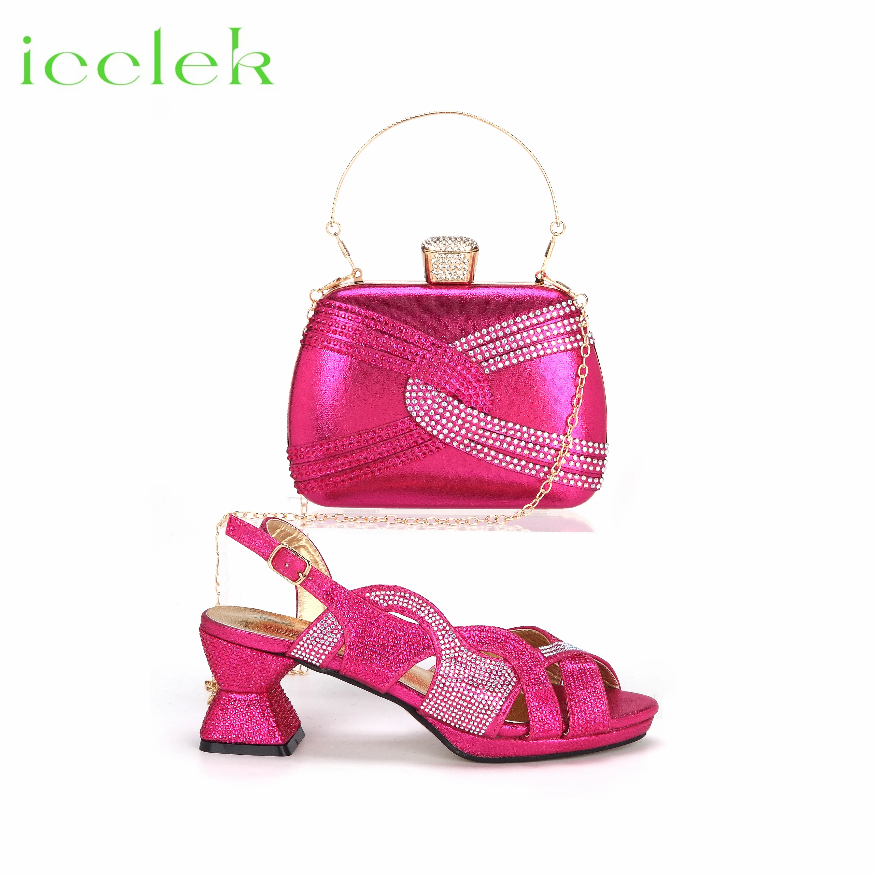 

New Hot Selling High Quality Peep Toe Crystal Design Shoes and Bag Set For Party Women in Fuchsia Color