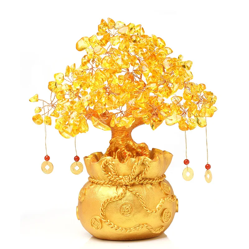 Lucky Tree Wealth Yellow Crystal Copper Coin Decoration Craft Attracting and Treasures Lucky Family Company Feng Shui Crafts