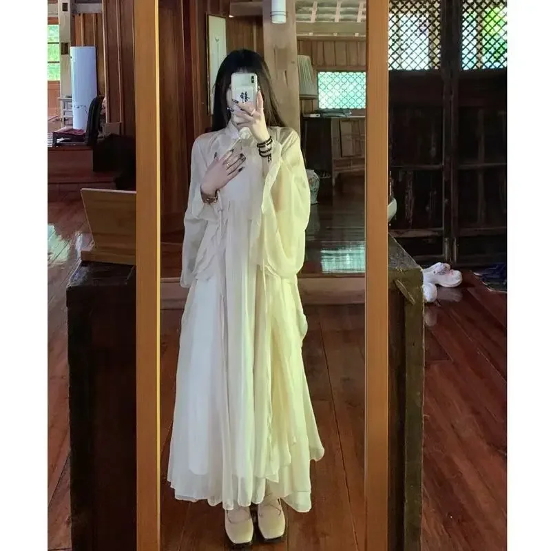 

Solid Bowknot Long Sleeve Cardigan Dresses Two-piece Set Elegant Summer Harajuku Female Clothes Casual Hanfu Modern Style