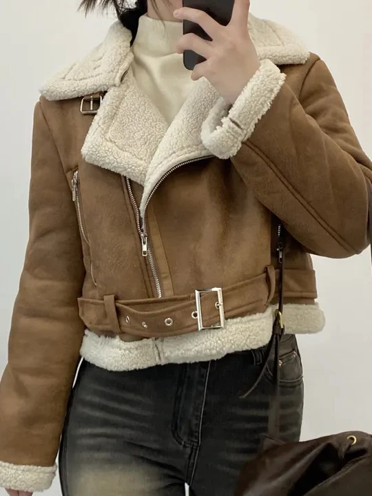 

Korean Sle ort Biker Jaet Women's Winter Thiened Fce Lined eepskin Coat Warm Soft Outerwear for Ladies