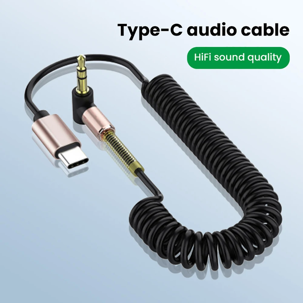 USB C to 3.5mm Spring Retractable Audio Cable Elbow Design for Car Stereo Speaker Headphone iPhone 15 Type C Aux Cord