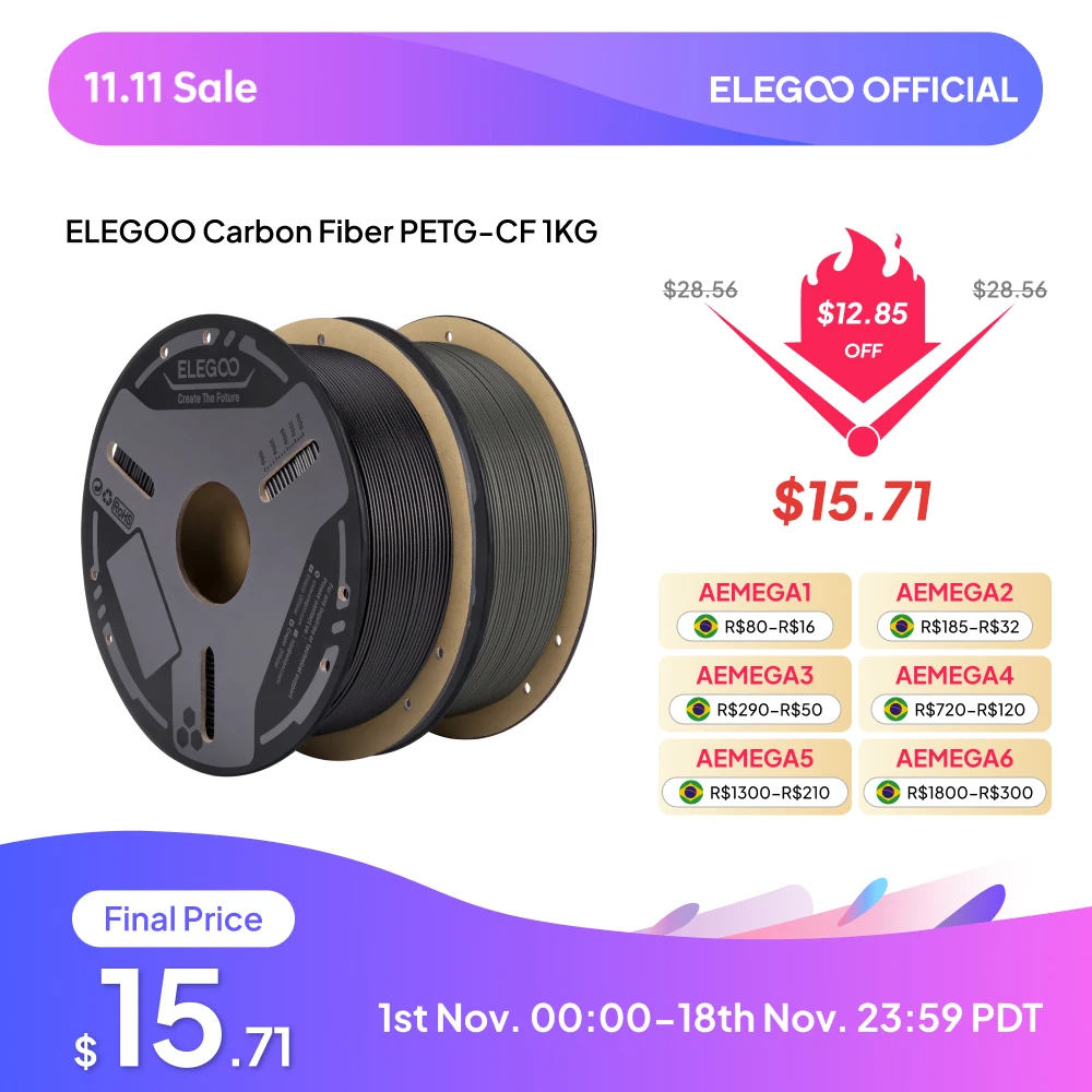 Filamento PETG de Fibra de Carbono ELEGOO 1.75mm 1KG/2KG/5KG/10KG, Filamento PETG-CF para Impressão 3D
