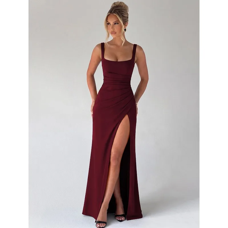 Fanan Hugcitar Women'S Fashion Solid Square Collar Backless Slit Bodycon Maxi Dress Summer Women Clothes Birthday Party Vacation