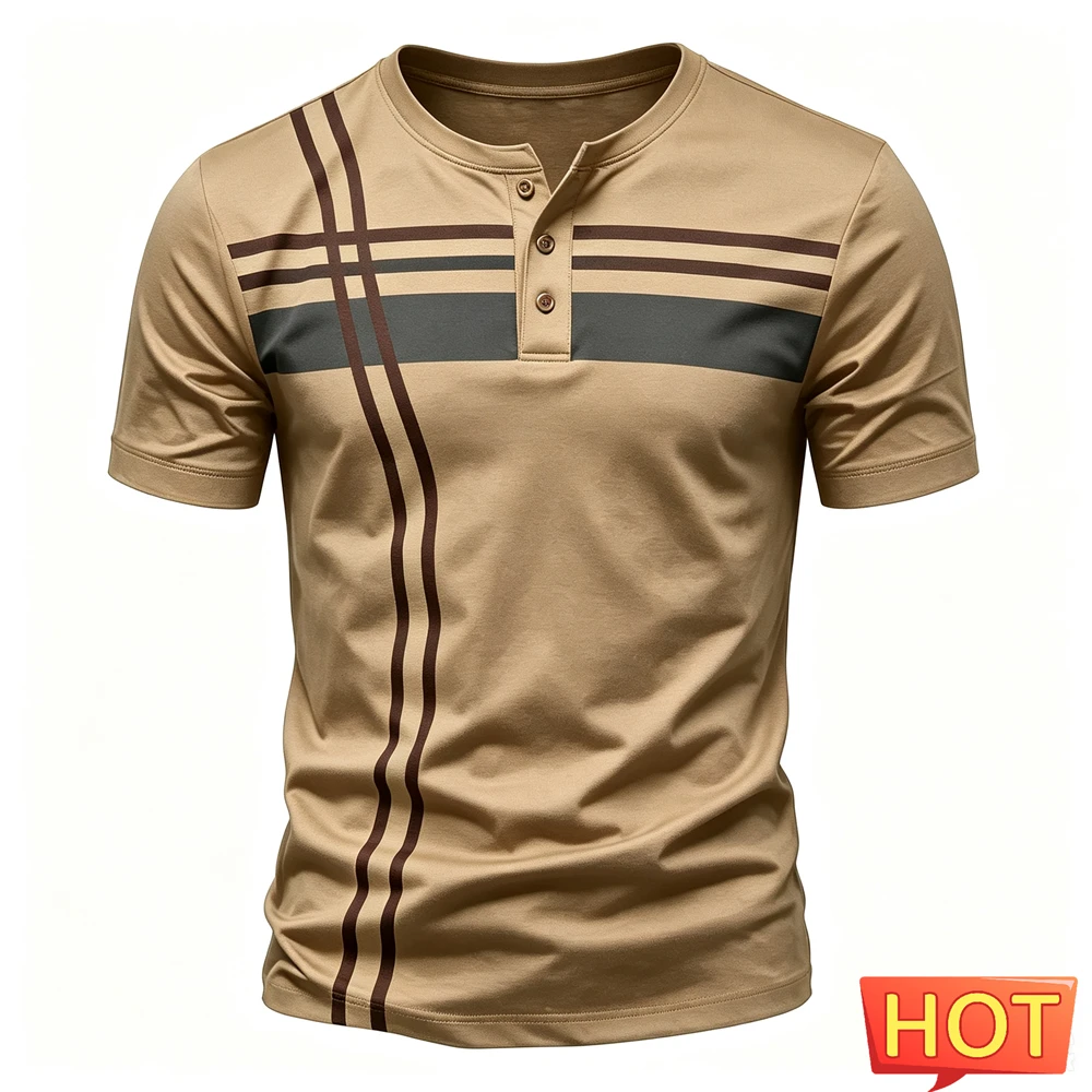 Simple Stripes Print Men Henry T shirts Summer Casual Henry Collar Short Sleeve Button Shirt Fashion Loose Tops Hip Hop Clothing view 2