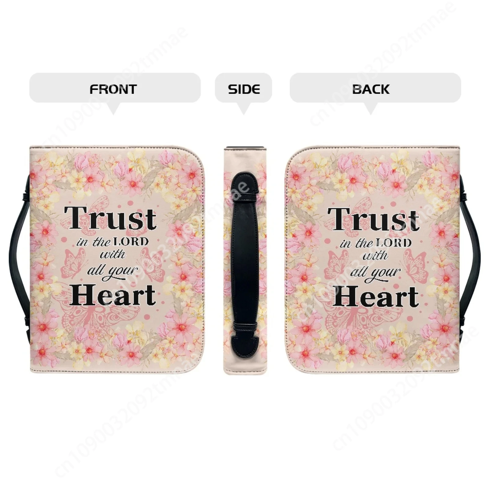 Trust in The Lord with All Your Heart Verse Flowers Custom Leather Bible Bag for Women Men Handle Handbags Bible Cover Case