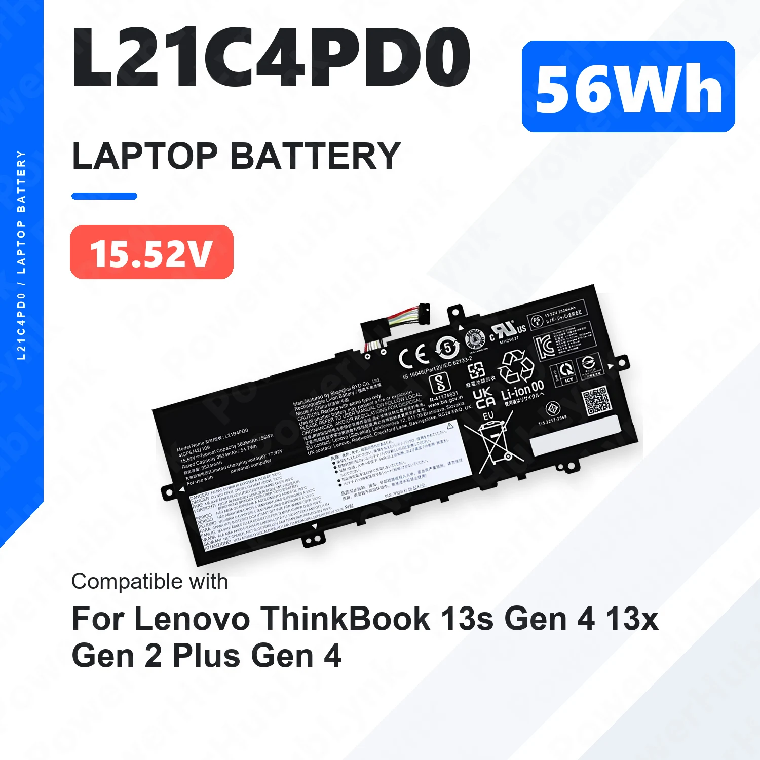 L21C4PD0 15.52V 56Wh Laptop Battery For Lenovo ThinkBook 13s G4 IAP ARB 13x G2 IAP Plus G4 IRU L21M4PD0 5B11D96862 L21B4PD0