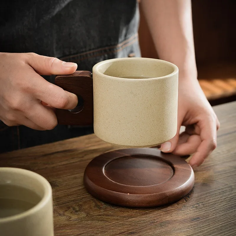 Taza de Té de Cerámica Antigua de 300 ml con Bandeja, Taza de Café con Asa de Madera Vintage, Taza para Oficina u Hogar, Regalo de Cumpleaños, Taza para Desayuno, Decoración del Hogar