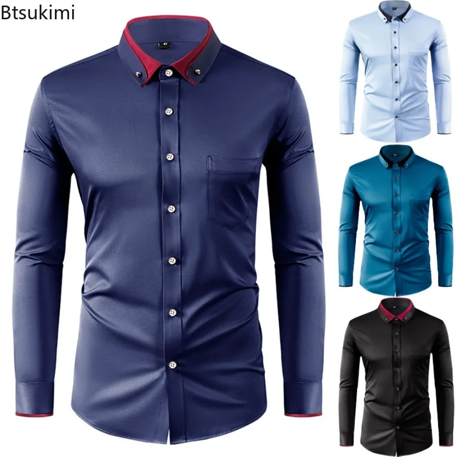 2026 Men's Long Sleeve Slim Shirts Elastic Non Ironing Dress Shirt Colorblock Design Male Business Social Formal Clothing Shirts