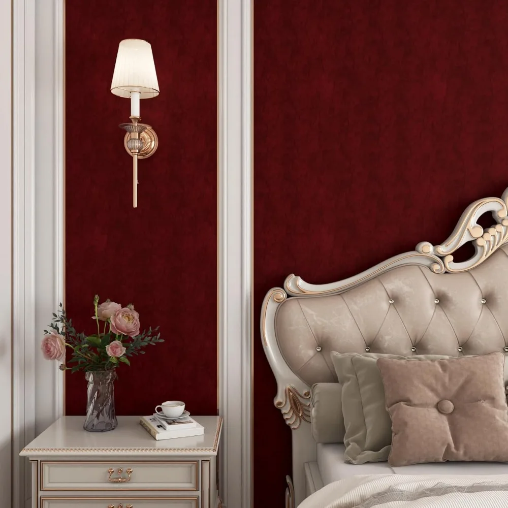ورق حائط مخملي عتيق ذاتي اللصق لغرفة النوم - أحمر داكن، نسيج ناعم، سهل اللصق وقشر، ورق حائط على الطراز الكلاسيكي #2