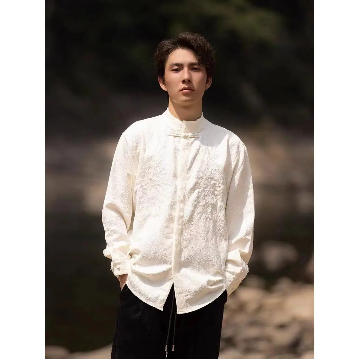 

New Chinese Style Men's Shirt Embroidered Long Sleeve Stand Collar Button up Top Elegant Outerwear for Spring Autumn
