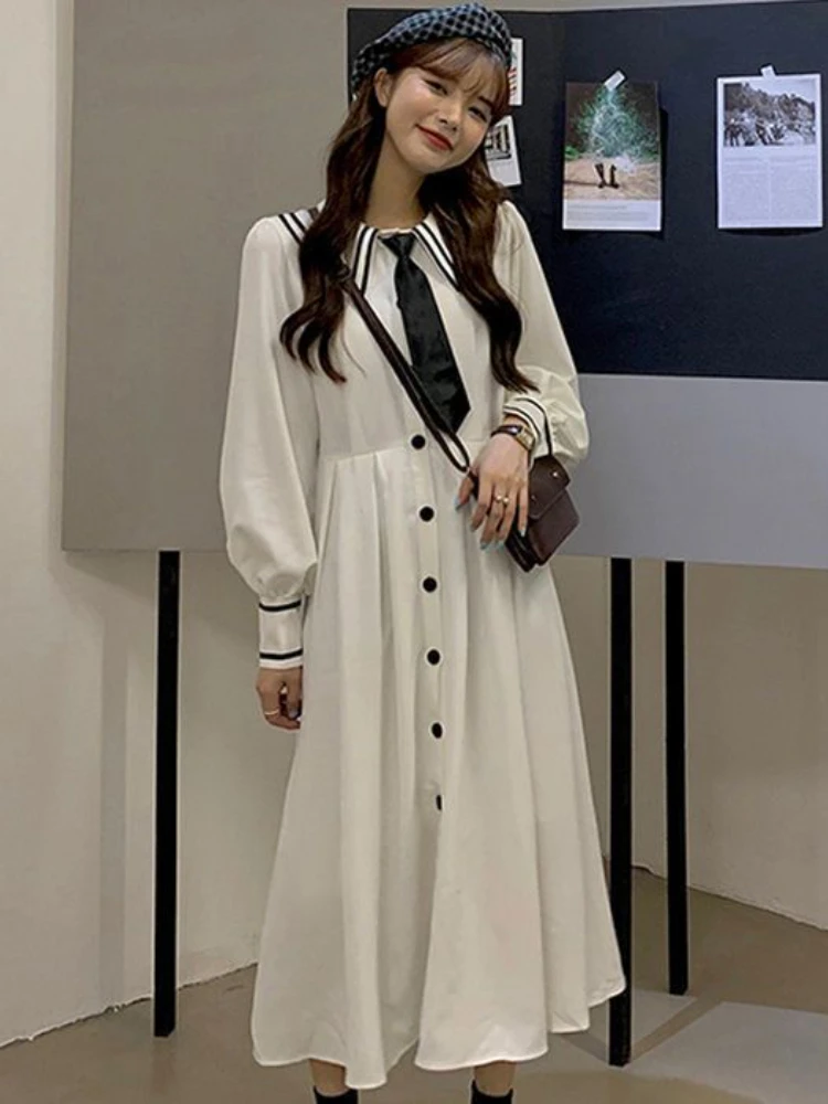 Dresses Women Preppy Style Sweet Design Midi Vestidos Ulzzang Simple Elegant Daily Students Retro Stylish Tender Leisure Autumn