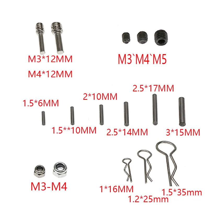 مجموعة أجزاء عالمية سهلة فقدان السيارة بجهاز التحكم عن بعد Rc | موصل سداسي (1-3 مم)، دبوس وتد، عمود محرك أقراص DVD، مسامير M3/M4 من خلال الماكينة، مشبك غلاف السيارة | متوافق مع مقياس 1/8 إلى 1/24 #3