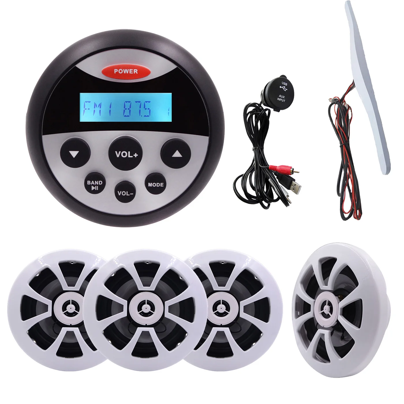

HASDA Marine Waterproof 6.5 Inch Speakers H-054 * 4 + Marine Waterproof BT MP3 Radio Player H-808 + USB Data Cable+Antenna -SUIT