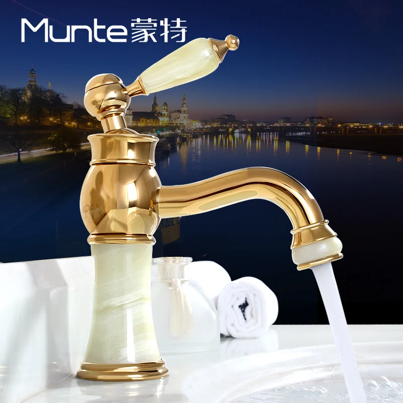 

Golden brass European jade hot and cold basin faucet, antique bathroom basin faucet