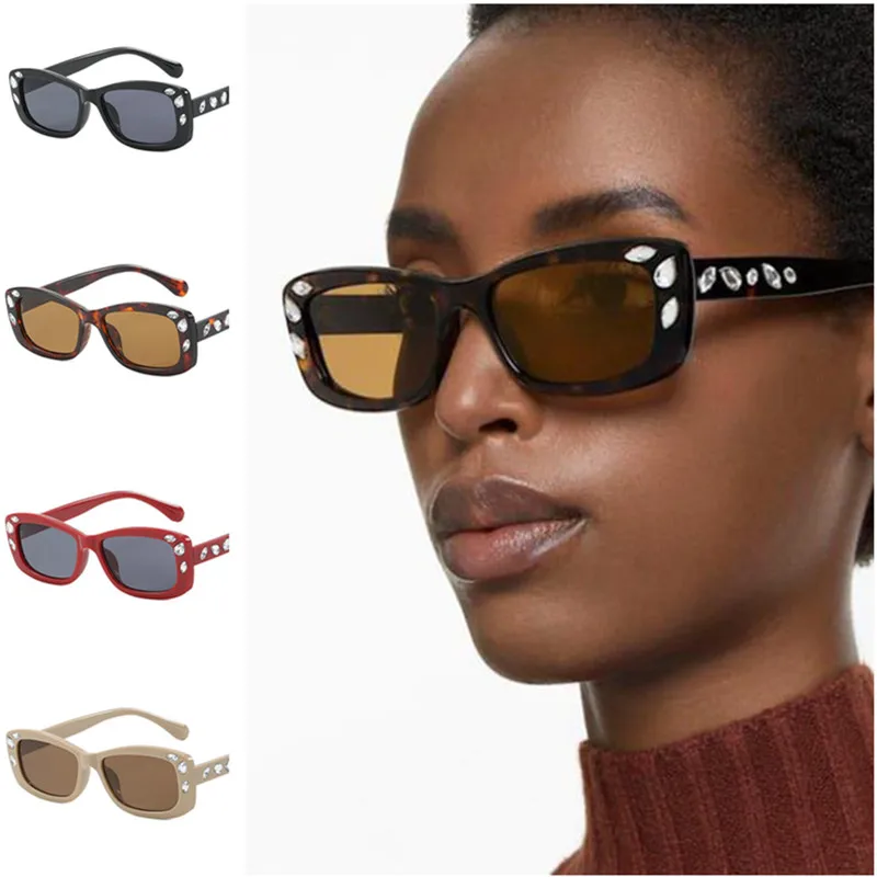 Fashion Sun Glasses Anti-UV Spectacles Small Frame Eyeglasses Rectangle Google Unisex Retro Women Diamond Studded Sunglasses