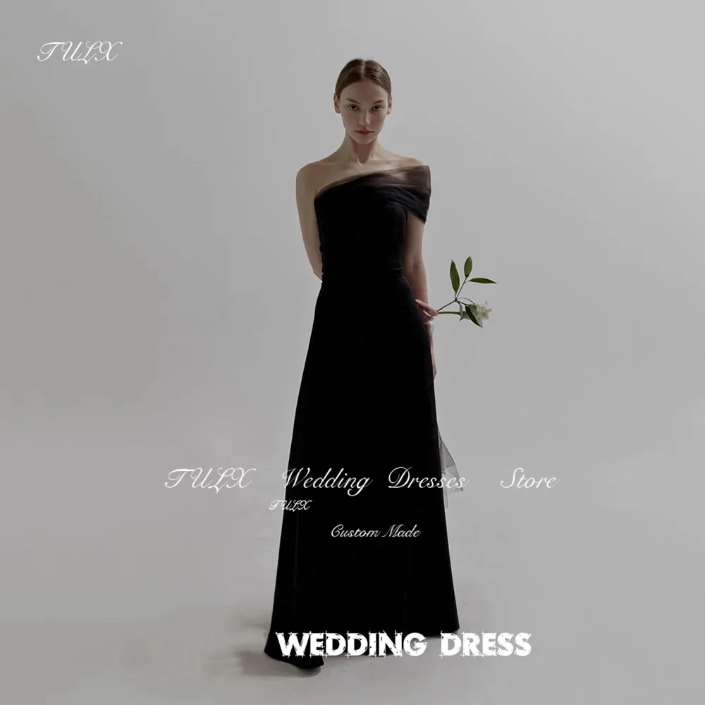 TULX Simple Black Strapless Korea Wedding Dress Photoshoot A Line Thick Satin Bridal Gown Sleeveless Flower Length Corset Back