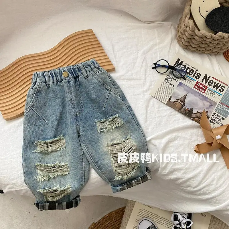 1-7Yrs Kids Boys Hole Pants Spring Autumn Baby Jeans 2024 New Children\'s Ripped Jeans Pants Boys KoreanTrousers Baby Girl Pants