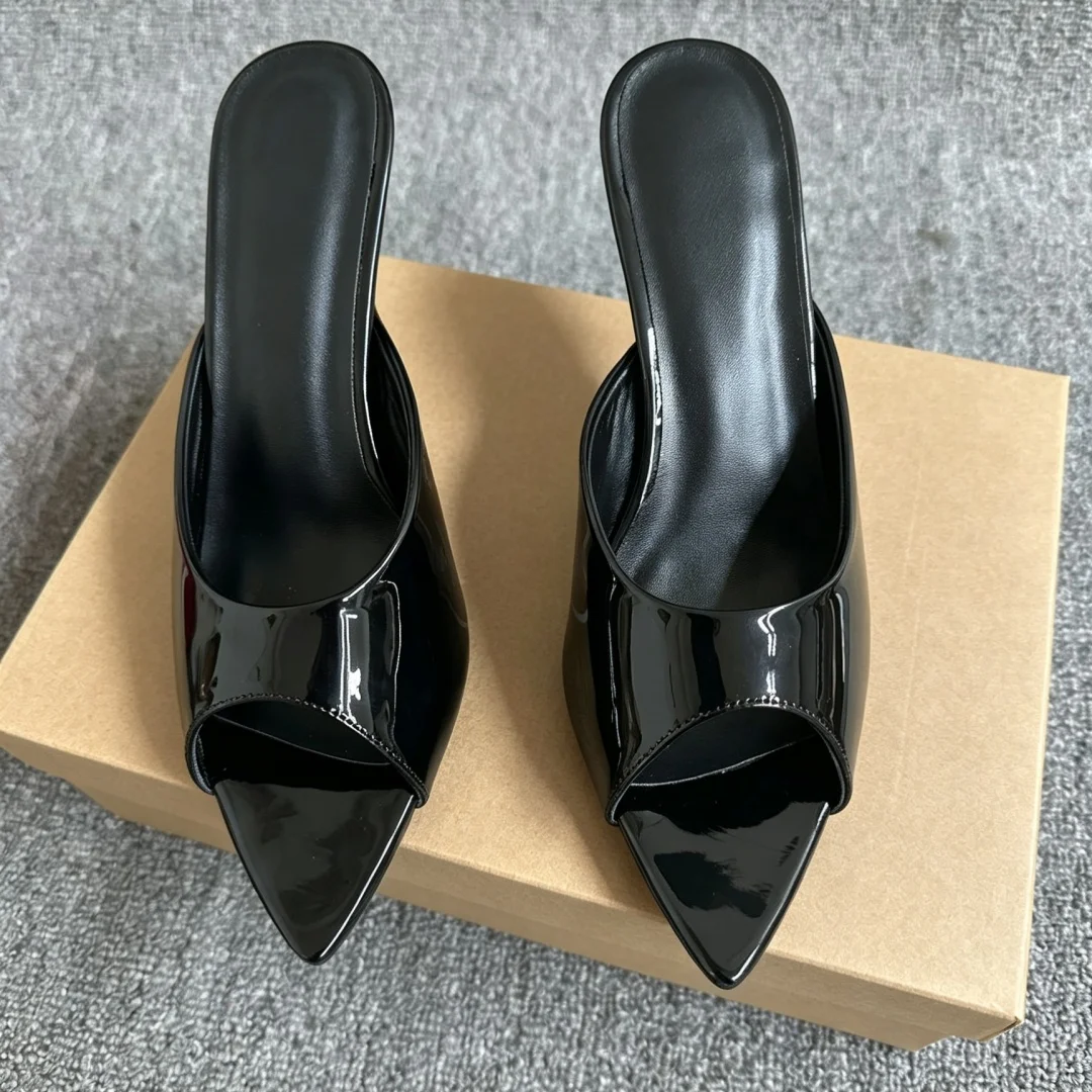 Women Black Patent Leather Peep Toe Mules Pointed Toe Thin Stiletto Classic Red Sole Slip On Summer High Heel Sandals Mature New view 3
